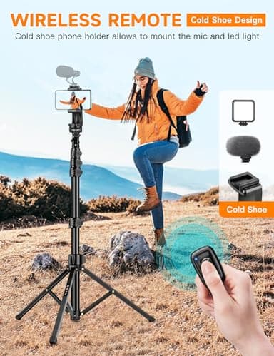 Phone Tripod, 86" Tall Tripod for iPhone with Flexible Gooseneck & Remote, Portable Aluminum Cellphone Stand for Selfies, Video Recording,Travel, Compatible with iPhone Android - Image 3