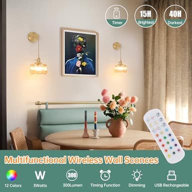 Shenmoyl Battery Operated Wall Sconce with Amber Striped Shade Pattern Glass Adjustable Chain Retro Gold Wall Mounted Light, Modern Wall Lamp Fixtures Decor for Bedside Bedroom Indoor Doorway - Image 4