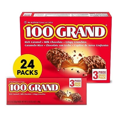 100 Grand Crispy Milk Chocolate with Caramel, Share Size Individually Wrapped Candy Bars, 2.2 oz each, Bulk 24 Count Box - Image 1