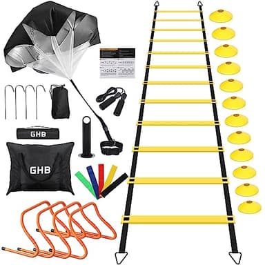 GHB Agility Ladder,Football Training Equipment Set,4 Agility Hurdles, 20 feet 12 Rungs Speed Ladder,12 Disc Cones,Resistance Parachute, Jump Rope, 5 Resistance Bands for Workout - Image 8