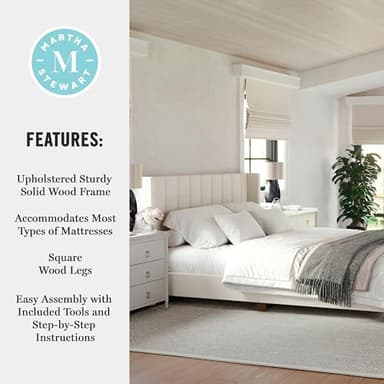 Martha Stewart Kay Low Profile Platform Bed with Wingback Headboard, Channel Stitched Faux Linen Upholstery, No Box Spring Needed, King, Beige - Image 5