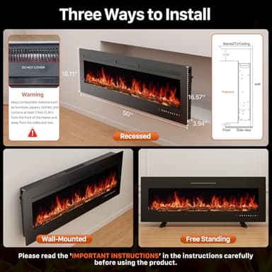 Sweetcrispy 50" Electric Fireplace Wall Mounted or Recessed Insert, 1500W/750W Freestanding Fireplaces Heater with Remote Control,13 Adjustable Flame Color, 12H Timer, Touch Screen - Image 7