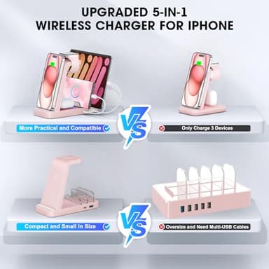 GAUOLN Wireless Charger for iPhone - 5 in 1 Charging Station for Multiple Devices Apple: Fast Wireless Charging Stand Dock for iPhone 16e 16 15 14 13 12 Pro Max Apple Watch (Pink) - Image 2
