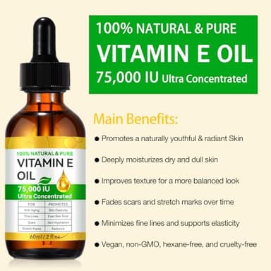 Vitamin E Oil, 75,000 IU, 100% Pure & Natural Vitamin E Oil for Skin, Face, Hair, Nails & Scars, Body Bath Moisturizing Dry Skin and Winkles, Non-GMO & Vegan (2 Fl Oz (Pack of 1)) - Image 3