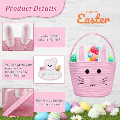 Brbecon Easter Bunny Basket for Kids with Name Tag, Pink Small Woven Easter Basket for Girls, Easter Egg Hunt Baskets Bags Easter Gifts Basket for Girls Baby Kids Children 9.8 x 7.8 x 7.8" - Image 5