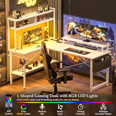 Aheaplus L Shaped Gaming Desk with Power Outlets & LED Lights, Small L- Shaped Desk Computer Corner Desk with Monitor Stand & Storage Shelf, Home Office Desk Writing Desk with Storage Bag, White - Image 3
