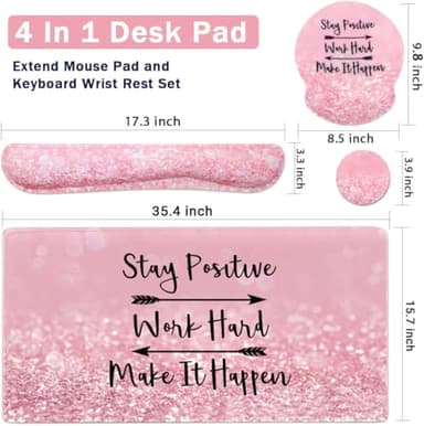 4-in-1 Gaming Mouse Pad Wrist Support Set，Desk Pad + Mouse Pad with Wrist Rest + Keyboard Wrist Rest + Coaster, Ergonomic Design for Home Office Study Game - Pink Stay Positive - Image 2