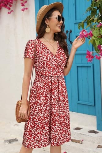 OUGES Women's 2025 Summer Short Sleeve V Neck Floral Midi Dress with Pockets Maternity Nursing Dresses Clothes(Floral F,L) - Image 2