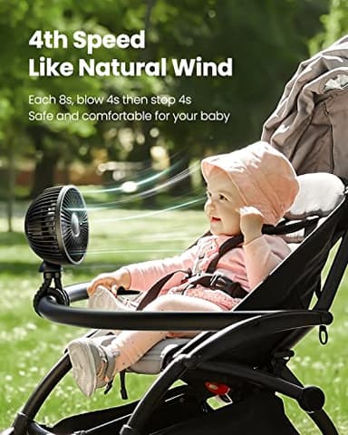 Gaiatop Baby Stroller Fan, 4000mAh Oscillating Mini Portable Fan with Light, 4 Speeds Battery Operated Small Handheld Desk Fan, 360° Rotate Flexible Tripod Clip On Fan for Car Seat Crib Travel Black - Image 4