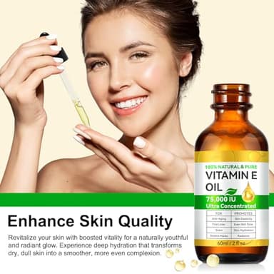 Vitamin E Oil, 75,000 IU, 100% Pure & Natural Vitamin E Oil for Skin, Face, Hair, Nails & Scars, Body Bath Moisturizing Dry Skin and Winkles, Non-GMO & Vegan (2 Fl Oz (Pack of 1)) - Image 2