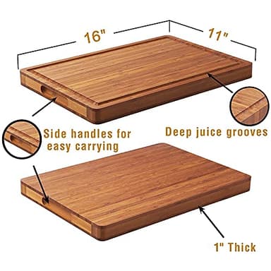 Bamboo Wood Cutting Board for Kitchen, 1" Thick Butcher Block, Cheese Charcuterie Board, with Side Handles and Juice Grooves, 16x11" - Image 2