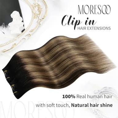 Moresoo Clip in Hair Extensions Remy Double Weft Human Hair Clip in Extensions Straight Balayage Hair Extensions for Women Ombre Black Mixed with Silver Grey 7pcs 150g 22inch - Image 4