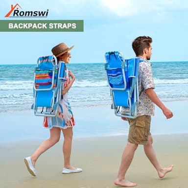 2Pk Aluminum 5-Position Lay Flat Folding Backpack Beach Chairs for Adults, with Cooler Bag, Cup&Phone Holder, Towel Bar for Outdoor Lawn Picnic Sport, Portable Foldable Camping Chairs, Blue Stripes - Image 2