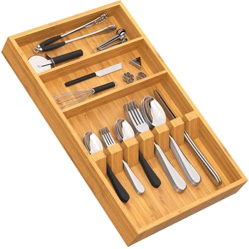 Yofidra Pure Bamboo Silverware Drawer Organizer: 16.53" Lx10 Wx1.93 H Large Silverware Utensil Tray Holder, 3-Compartment with 6 Card Slots Kitchen Flatware Organizer for Spoons Forks Knives - Image 1