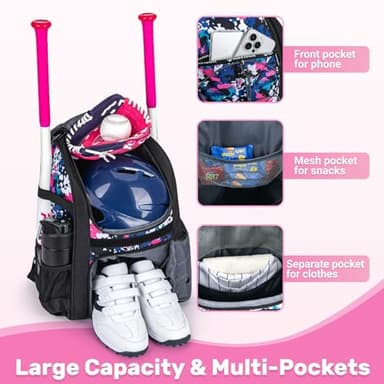 KAVIGOR Youth Baseball Bag, Softball Bag for Girls & Boys, Kids Tball Backpack with Shoes Compartment - Image 3