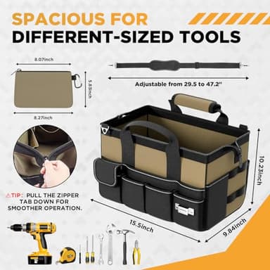 Goovilla Tool Bag 15.5 Inch with 1 Pouch | 17-Pocket Portable Tool Box Organizer Storage with Adjustable Strap, Soft Handle and Durable Zipper | Heavy Duty Tool Bags for Men, Father’s Day (Khaki) - Image 2