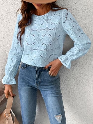 CUPSHE Women Eyelet Long Sleeve Tops Shirts Dressy Hollow Out Crochet Lace Embroidered Blouses 2025 Fashion Top Blue L - Image 6