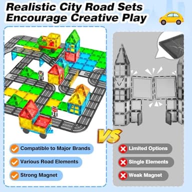 Magnetic Tiles Road Sets with Car, Magnetic Building Blocks Toys for 3+ Year Old Boys Girls, Montessori Magnet Kids Toys, Construction Toys for Ages 3 4 5 6 7 8 Christmas Birthday Gifts for Toddlers - Image 5