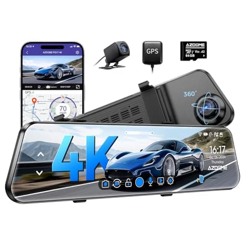 AZDOME PG17 12" 4K Mirror Dash Cam Front and Rear, Wi-Fi 6 Rear View Mirror Camera with 64GB Card, Voice Control Dash Camera for Car, Rearview Mirror Camera with GPS Night Vision Parking Assistance - Image 1