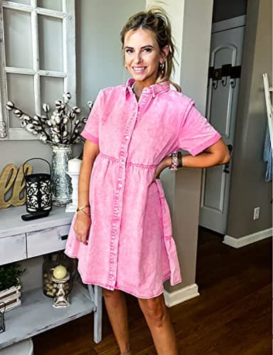 LookbookStore Pink Dresses for Women Valentines Day Pink Dress 2025 Summer Short Jean Dress Casual Short Sleeves Babydoll Denim Dresses for Women Size S - Image 3