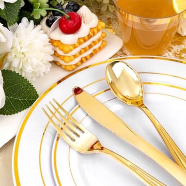 bUCLA 350PCS Gold Plastic Dinnerware Set - Gold Disposable Dinnerware for 50 Guests, Includes 50 Dinner Plates, 50 Dessert Plates, 50 Forks, 50 Knives, 50 Spoons, 50 Cups & 50 Napkins for Party - Image 3