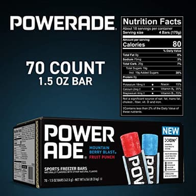 POWERADE Sports Freezer Bars, 1.5 oz, Refreshing Ice Pops with Electrolytes B Vitamins, Naturally Flavored with Other Natural Flavors, Mountain Berry Blast and Fruit Punch, 70 Count - Image 2