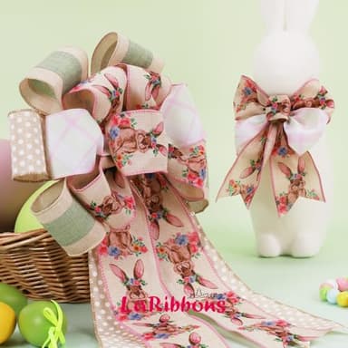 LaRibbons Easter Ribbon Wired 4 Rolls 2.5 Inch x 24 Yards TTL, Floral and Bunny Easter Ribbon with Plaid and Polka Dot for Crafts Spring Wreath Gift Wrapping Bow Decoration - Image 6
