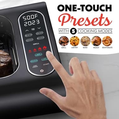 Gourmia Smokeless Indoor Grill & Air Fryer with Recipe Book – Electric Grill for Indoor Use, 5‑in‑1 Countertop Cooker, Cast-Iron Grate, 1650W, Glass Lid, Dishwasher-Safe Plates - Image 4