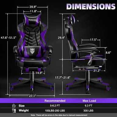 Vonesse Gaming Chair, Big and Tall Gaming Chair with Footrest and Massage, Gaming Chairs for Adults with Lumbar Support, Ergonomic High Back Computer Chair with Pocket Spring Cushion (Purple/Black) - Image 3