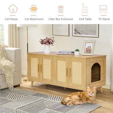 Homhedy Boho Cat Litter Box Enclosure for 2 Cats, Wooden Cat Washroom Furniture with Double Rattan Decorated Doors, Pet House,47.2”L x 19.7”W x 21.7”H, Natural - Image 3