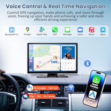 9"Portable Carplay Screen for Car, Wireless Car play & Android Auto Touchscreen with 4K Dash Cam, 1080P Backup Camera, GPS Navigation, Mirror Link, Voice Control, FM, Siri, Bluetooth for All Vehicles - Image 3