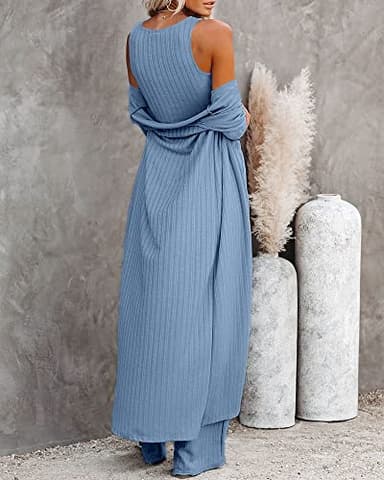 Fessceruna Womens 3 Piece Lounge Sets Pajamas Knit Long Sleeve Cardigan Crop Top Wide Leg Pants Loungewear Set A-blue - Image 4