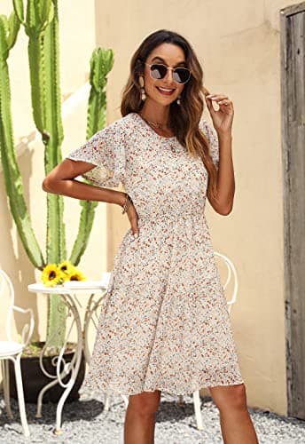 Manydress Women's Chiffon Floral Casual Summer Boho Flutter Sleeve Flowy Skater Western Dress MY112 (Beige Print, M) - Image 4