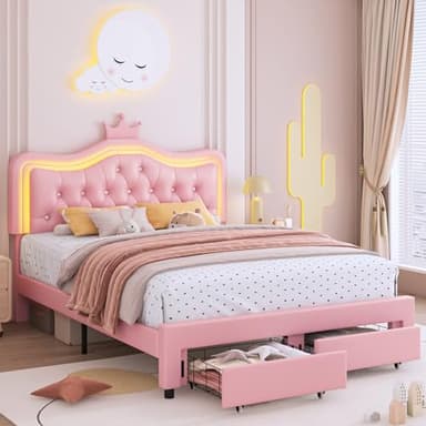 Keyluv Full Upholstered LED Bed Frame with Storage Drawer, Leather Princess Platform Bed with Adjustable Crystal Button Tufted Crown Headboard, Solid Wooden Slats Support, No Box Spring Needed, Pink - Image 1