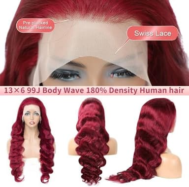 99j Burgundy Wig Human Hair 180% Density 13x6 Body Wave Lace Front Human Hair Pre Plucked 26 Inch - Image 5