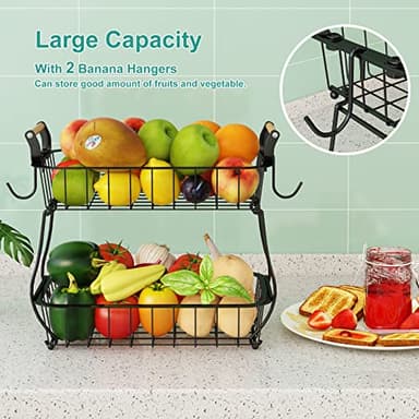 ANTOPY 2 Tier Fruit Basket with 2 Banana Hangers, Countertop Fruit Vegetable Basket Bowl for Kitchen Counter Metal Wire Fruits Storage Stand Holder Organizer for Bread Snack Veggies Produce - Image 4