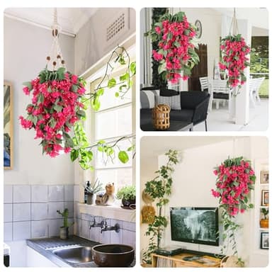 RECUTMS Artificial Fake Hanging Plants Flowers for Outdoor 4pcs Faux Silk Bougainvillea Long Vines Stems Realistic UV Resistant Home Porch Patio Balcony Garden Yard Outside (Rose Red) - Image 3