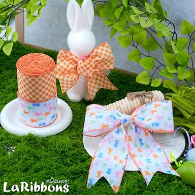 LaRibbons Easter Bunny Wired Ribbon 2 Rolls 2.5 Inch x 12 Yards TTL, Orange Easter Ribbon Plaid for Baskets Crafts Spring Wreath Gift Wrapping Bow Decoration - Image 6