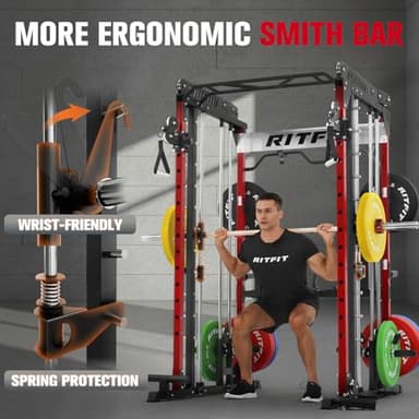 RitFit M1 Pro Smith Machine with Cable Crossover System, Multi-Function Squat Rack Power Cage for Home Gym, Power Rack and Packages Red - Image 6