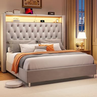 Jocisland Queen Size Bed Frame 53.6'' Tall Headboard LED Lights and Charging Station, Velvet High Upholstered Platform Bed Wingback Storage, No Box Spring Needed, No Motion Light Under Bed, Light Gray - Image 1