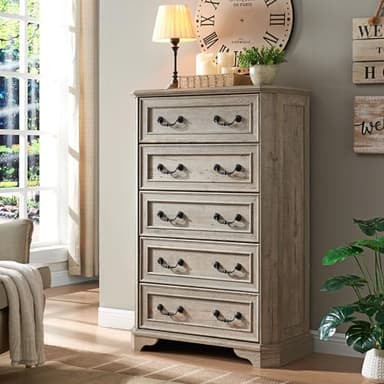 T4TREAM Farmhouse 5 Drawers Dresser for Bedroom, 48" Tall Wood Rustic Chest of Drawers with Natural Texture, Vintage Design, Storage Dressers Organizer for Bedroom, Living Room Light Rustic Oak - Image 1