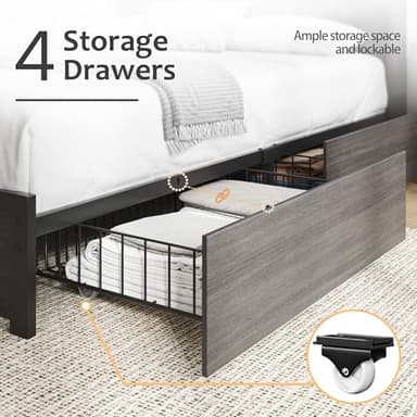 HISOFT Queen Bed Frame with Storage Headboard, Wood Bed with High Storage Bookcase, 4 Drawers & LED & Charging Station,No Box Spring Needed/Noise Free/All-Metal Support, Rustic Grey - Image 5