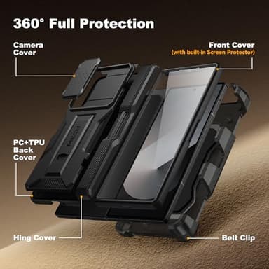 TONGATE for Z Fold 6 Case, [with S Pen Slot & Hinge Protection] [Tempered Glass Screen Protector] Full-Body Military Drop Phone Case for Samsung Galaxy Z Fold 6 with Stand & Belt Clip, Titanium Black - Image 7