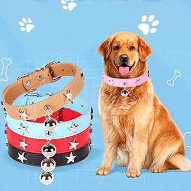 Leather Dog Collar with Bell and Star Studs, Dog Collars for Small Medium Large Dogs Collar for Female Male Dogs - Image 5
