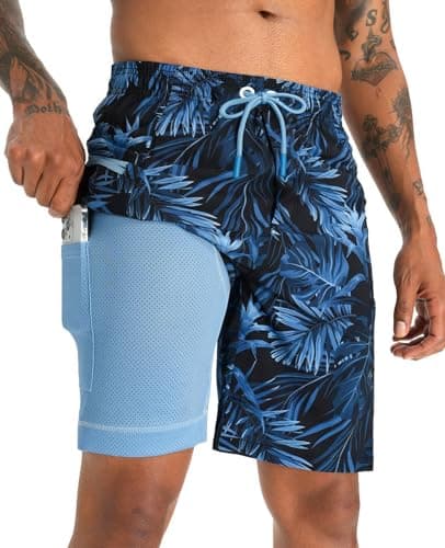 APTRO 2 in 1 Men's Swim Trunks 9" with Zipper Pockets Bathing Suit Built-in Board Shorts Swimwear Long Shorts Palm Blue 1X - Image 1