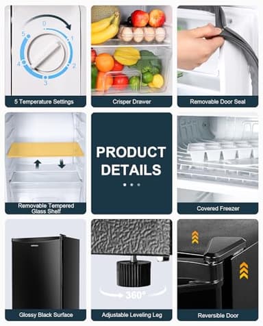Upstreman 3.2 Cu.Ft Mini Fridge with Freezer, Single Door Mini Fridge, Dorm Fridge, Adjustable Thermostat, Mini Refrigerator for Bedroom, Office, Dorm, Black-BR321 - Image 4