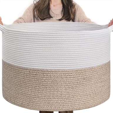 INDRESSME Large Laundry Basket, 21.7'' x 13.8'' Cotton Rope Blanket Basket Living Room Toy Baskets Storage Kids, Woven Baskets for Dirty Clothes, Pillows, Towel, 90L Light Brown - Image 1
