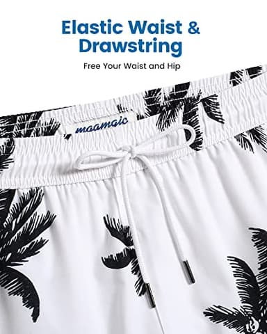 maamgic Mens Swim Trunks with Compression Liner 5" Stretch Beach Shorts Quick Dry with Zipper Pockets No-Chafing Board Shorts White-Palm Tree S - Image 5