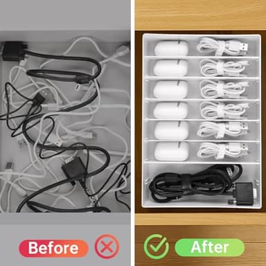 PAVSTINE 2 Pcs Large Cable Organizer Box with Wire Ties,Plastic Charger Organizer box with 8 Compartments,Stackable Cord Organizer Box for Office,Home,Desk Drawer Stationery Supplies Storage,White - Image 3