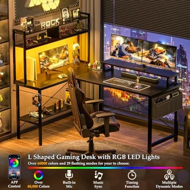 Aheaplus L Shaped Gaming Desk with Power Outlets & LED Lights, Small L- Shaped Desk Computer Corner Desk with Monitor Stand & Storage Shelf, Home Office Desk Writing Desk with Storage Bag, Black - Image 4